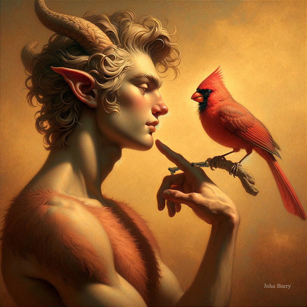 Mythological figure with ram horns and cardinal bird