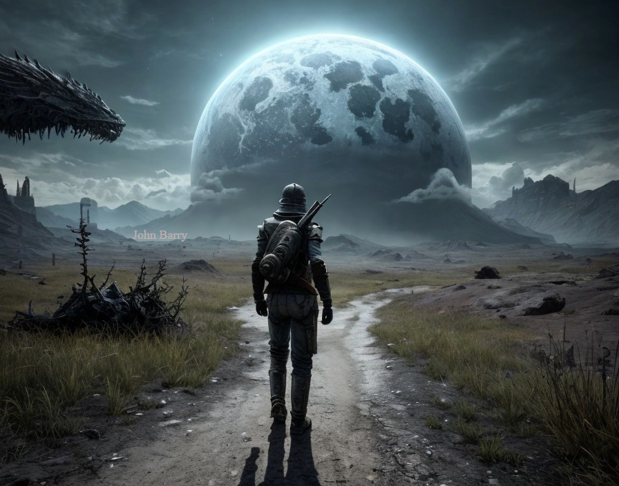 Astronaut on Rocky Landscape Under Large Moon