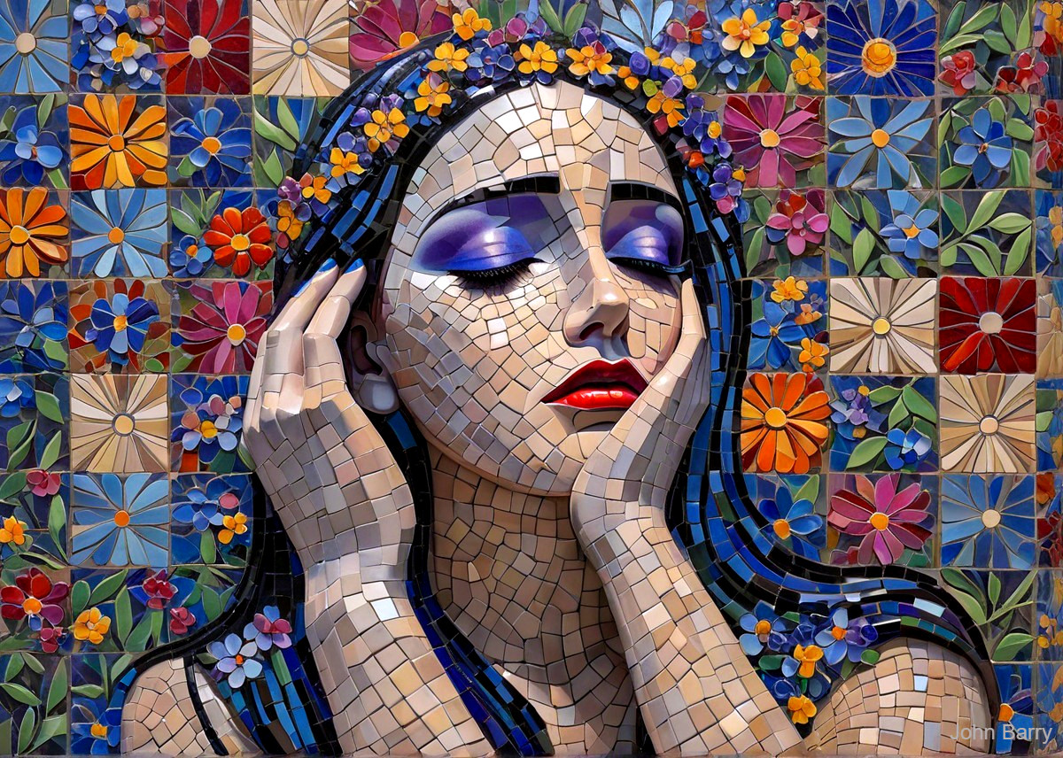 Vibrant Mosaic Artwork of a Serene Woman with Flowers