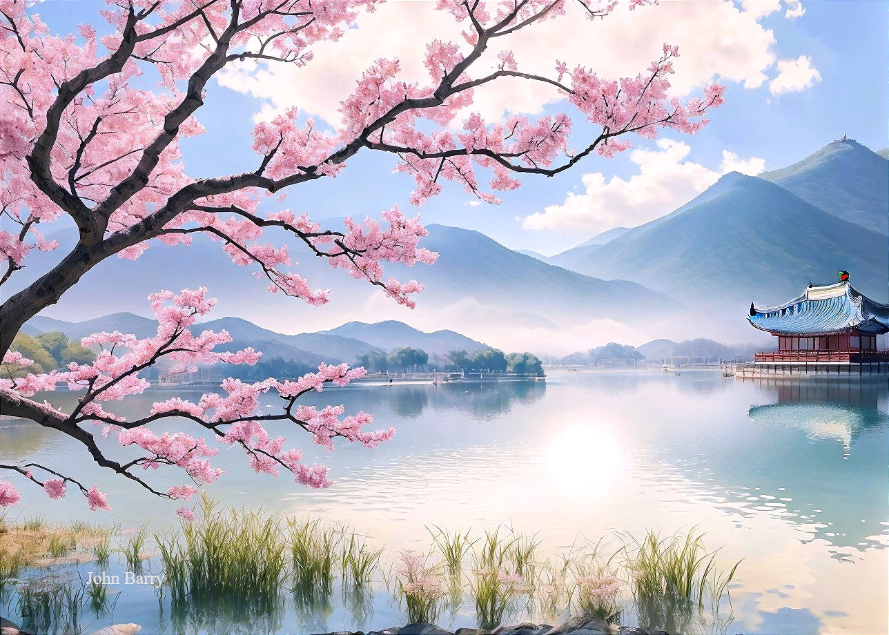 Tranquil Cherry Blossom Lakeside