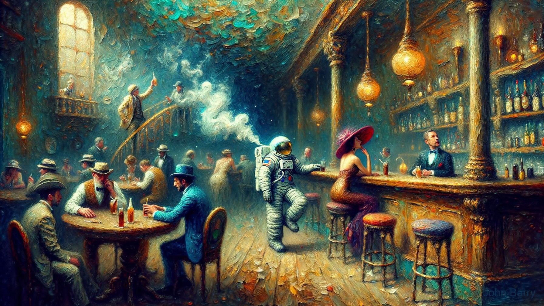Astronaut in Vintage Bar Amidst Elegant Patrons