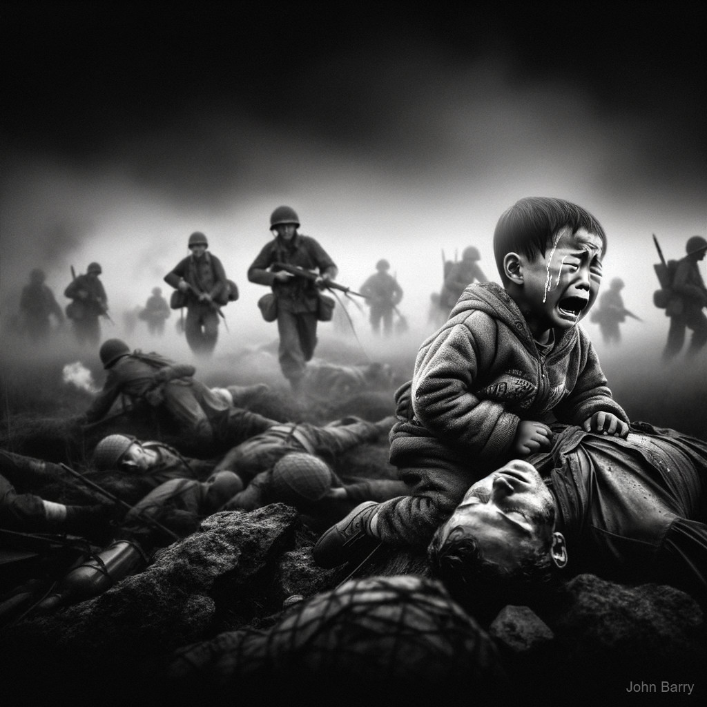 Haunting Battlefield Scene with Child and Soldier