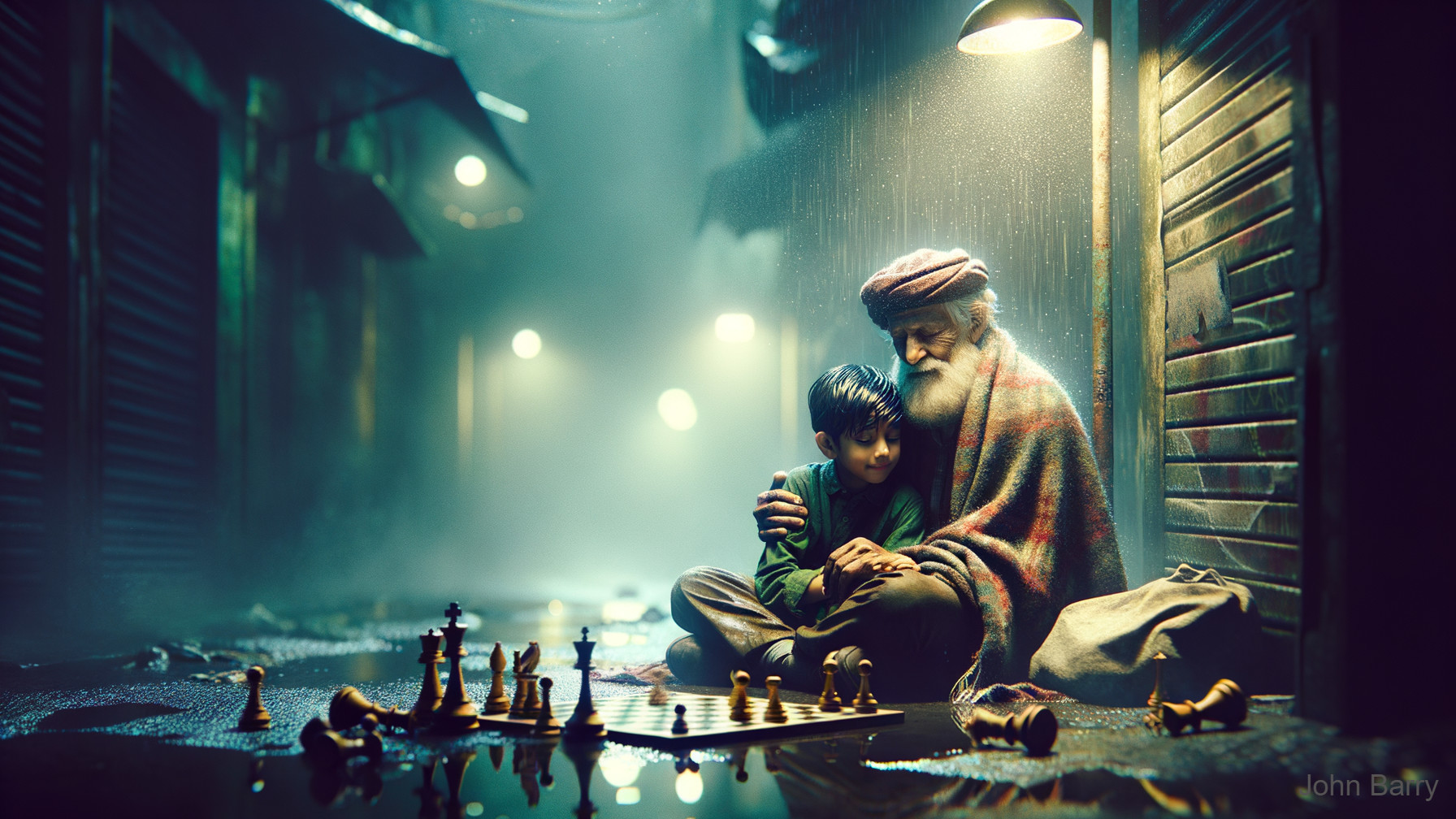 Elderly Man and Young Boy Share Warmth in Alley