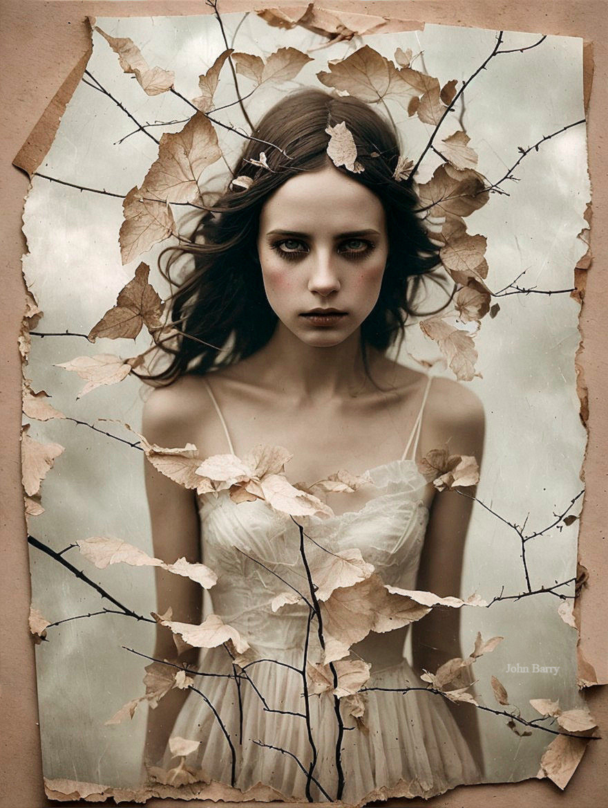 Ethereal Portrait of a Young Woman with Dried Leaves