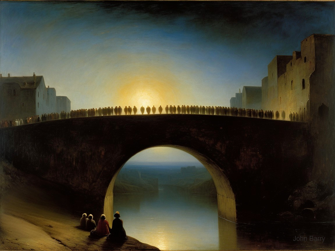 Tranquil Dusk Scene with Bridge and Riverbank Figures