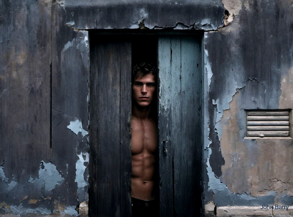 Young man in doorway of weathered building with grit