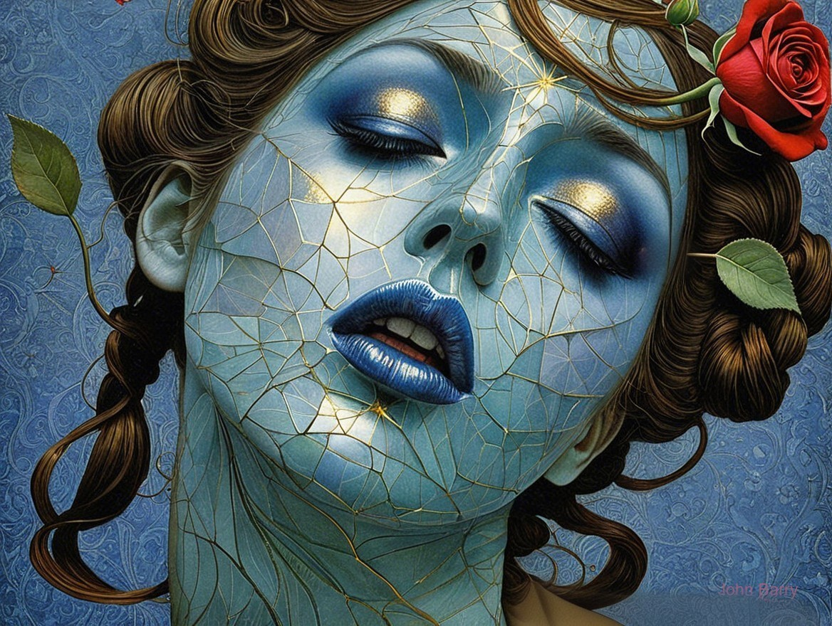 Serene Woman with Blue Skin and Golden Cracks