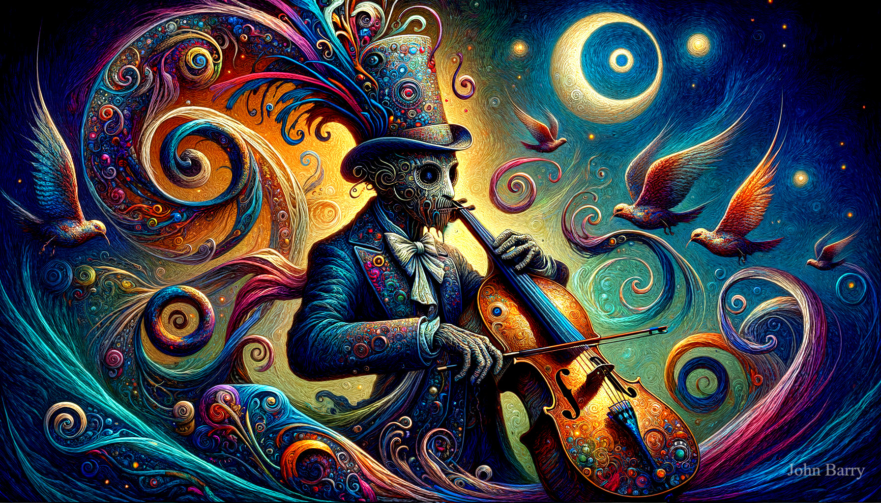 Whimsical Figure Playing Cello Under Moonlit Sky