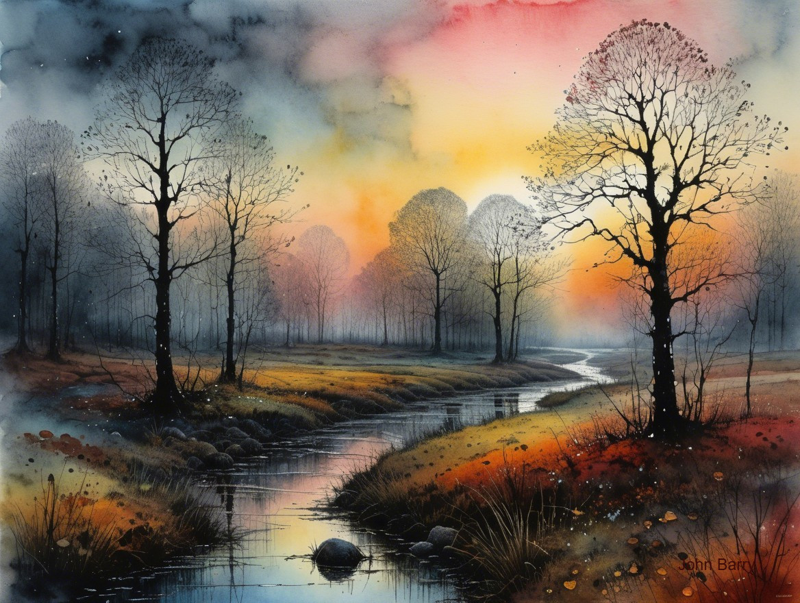 Tranquil Stream in Misty Forest Landscape Painting