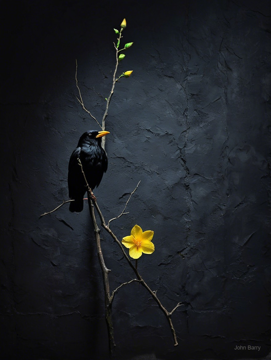 Black Bird on Branch with Green Buds and Yellow Flower
