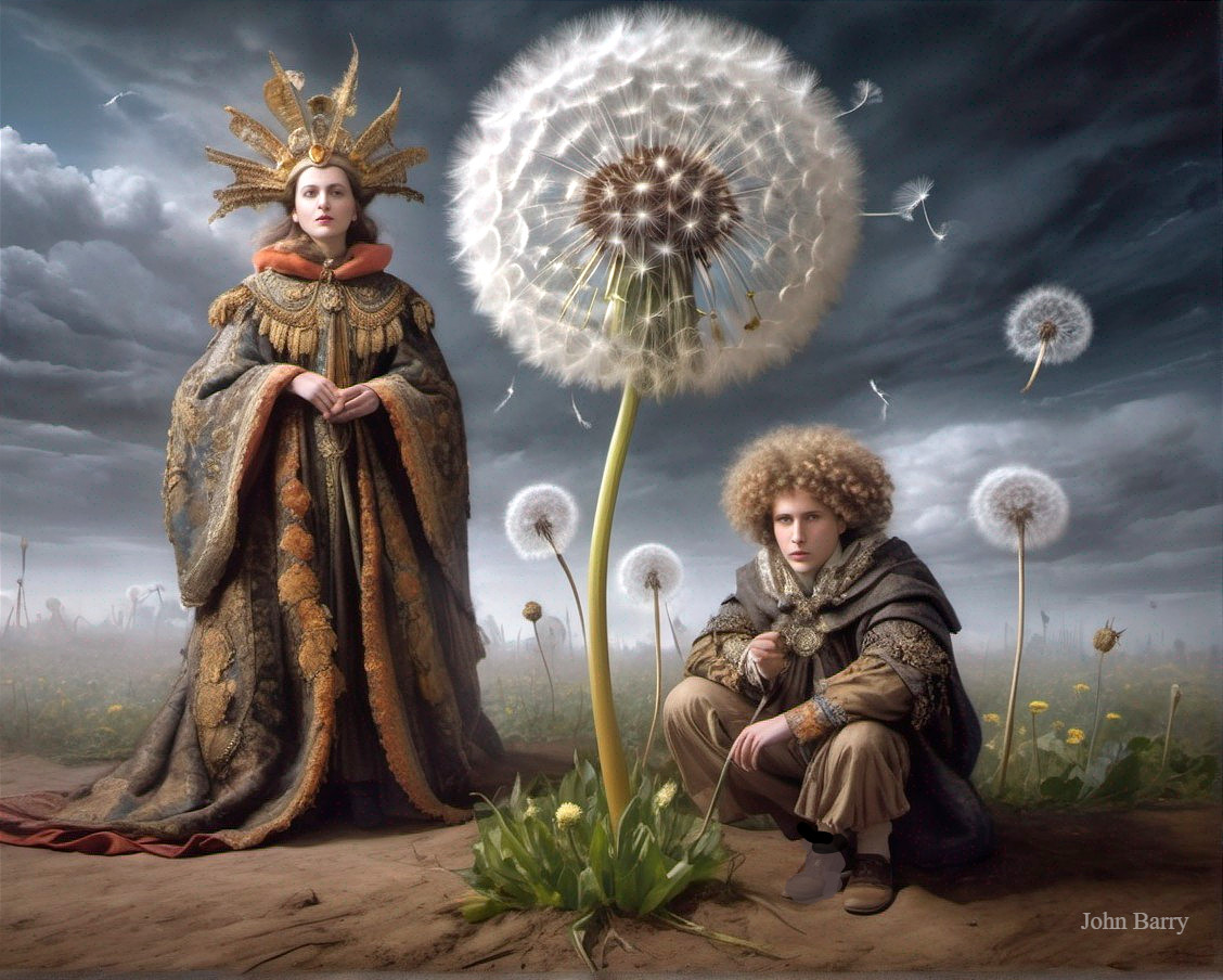 Regal Figure and Young Man in Surreal Dandelion Scene