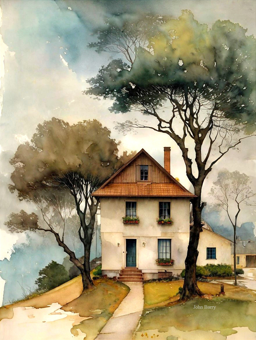 Watercolor Painting of a Two-Story House in Nature