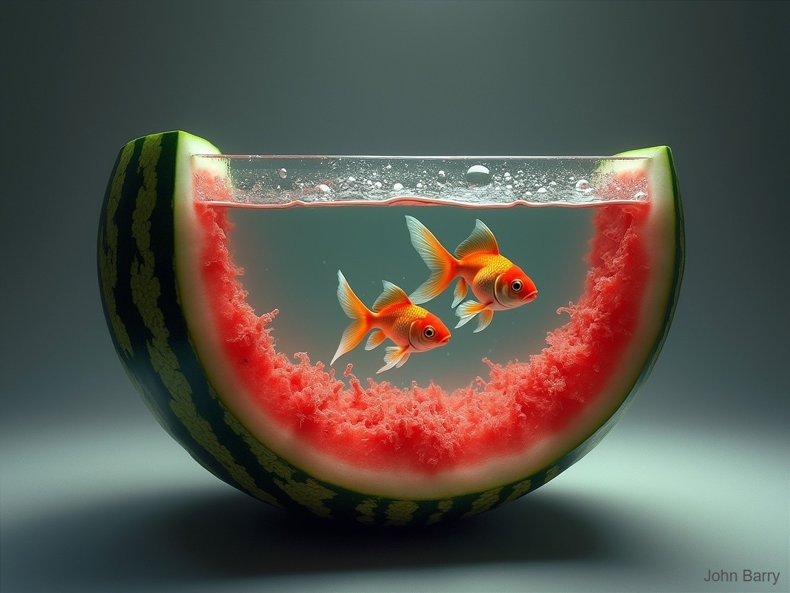 Goldfish in Watermelon Aquarium with Bubbles