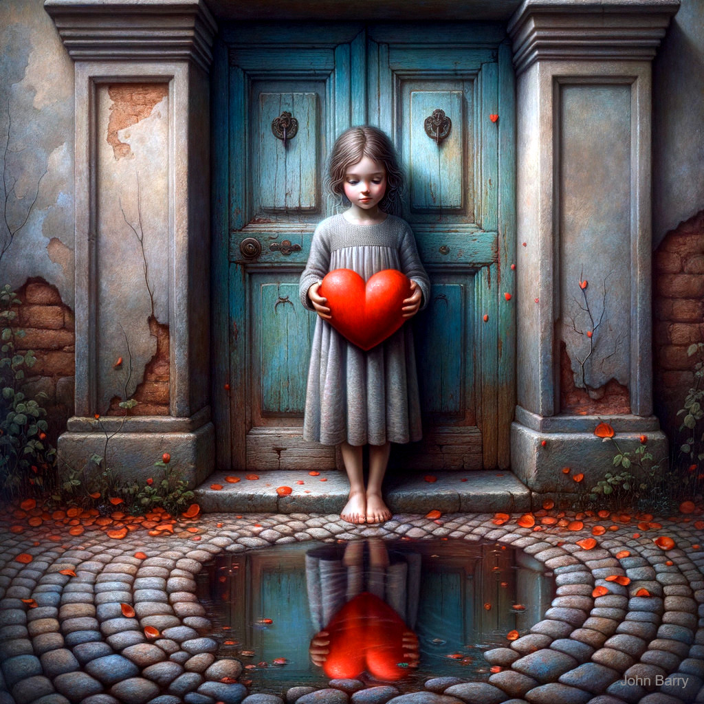 Young girl by blue door with red heart and leaves