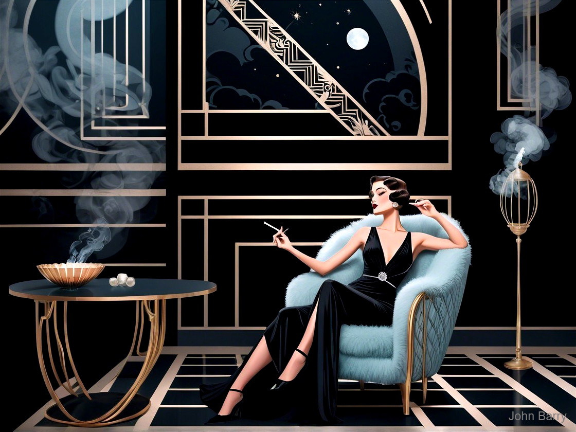 Glamorous Woman in Art Deco Room with Cigarette