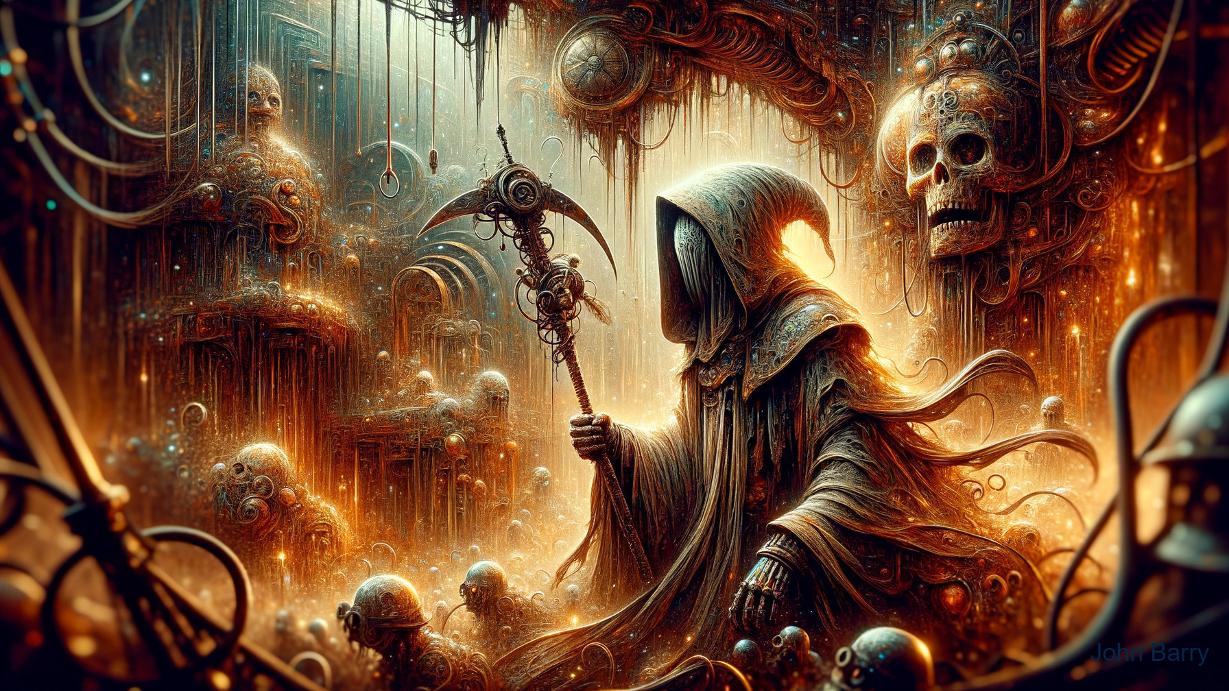 Cloaked Figure in Surreal Mechanical Landscape