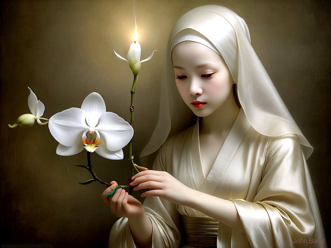 Serene Figure with White Orchid in Soft-Toned Garment