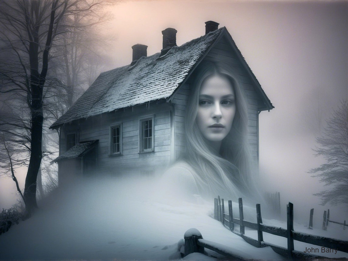 Foggy Landscape with Cabin and Mysterious Woman's Face
