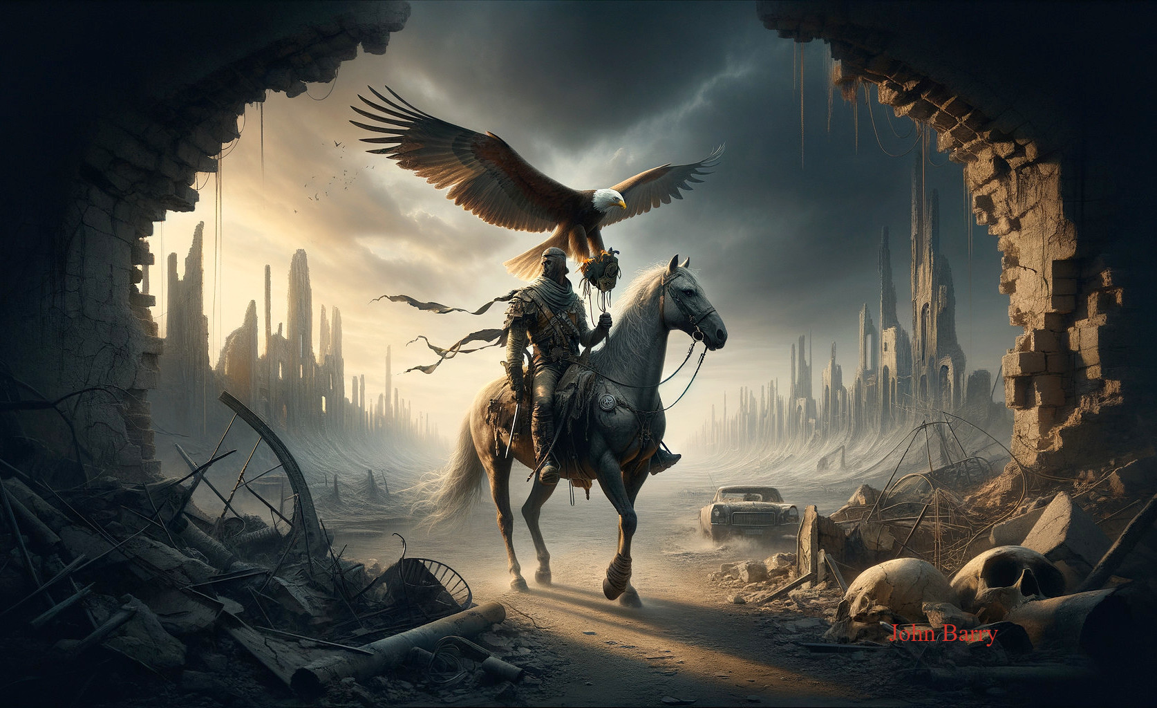Warrior on Horseback in War-Torn Landscape with Eagle