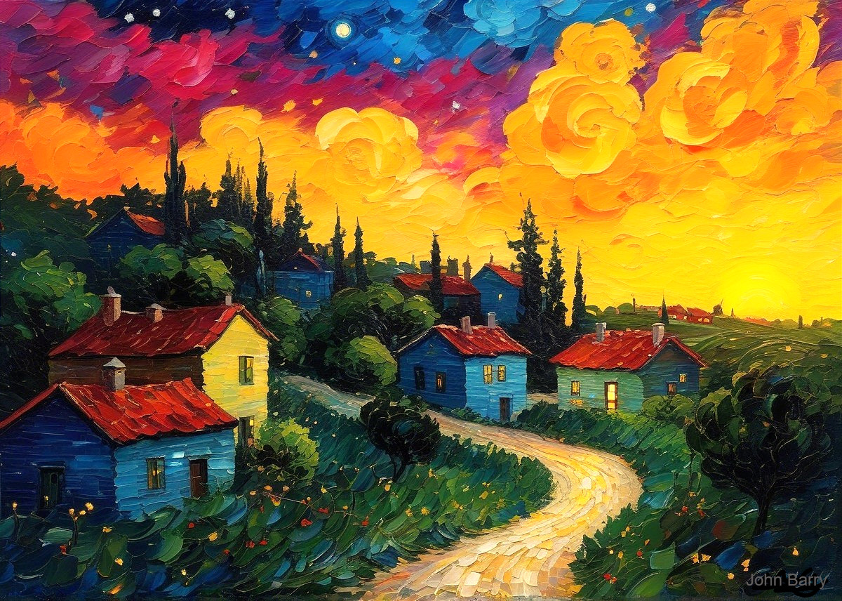 Vibrant Sunset Over Picturesque Village Landscape