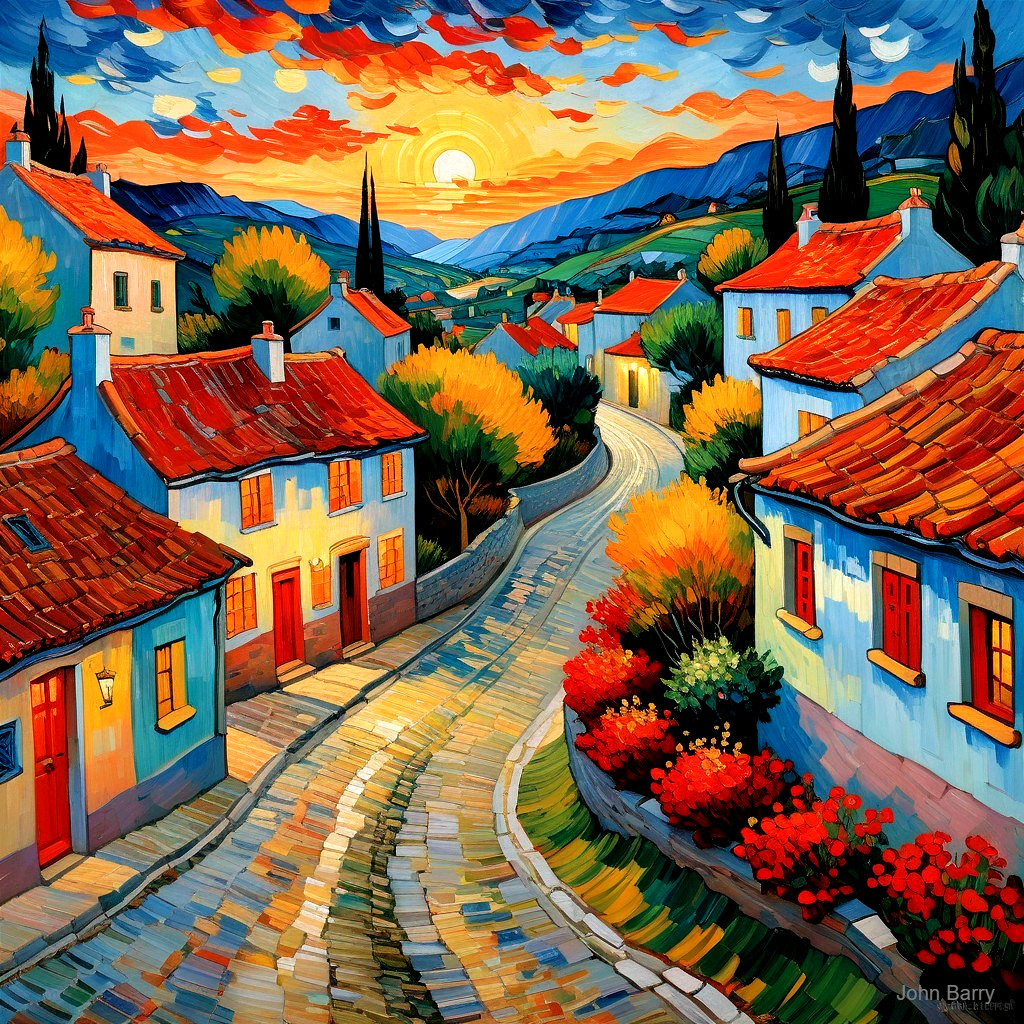 Colorful Landscape with Cobblestone Street and Sunset
