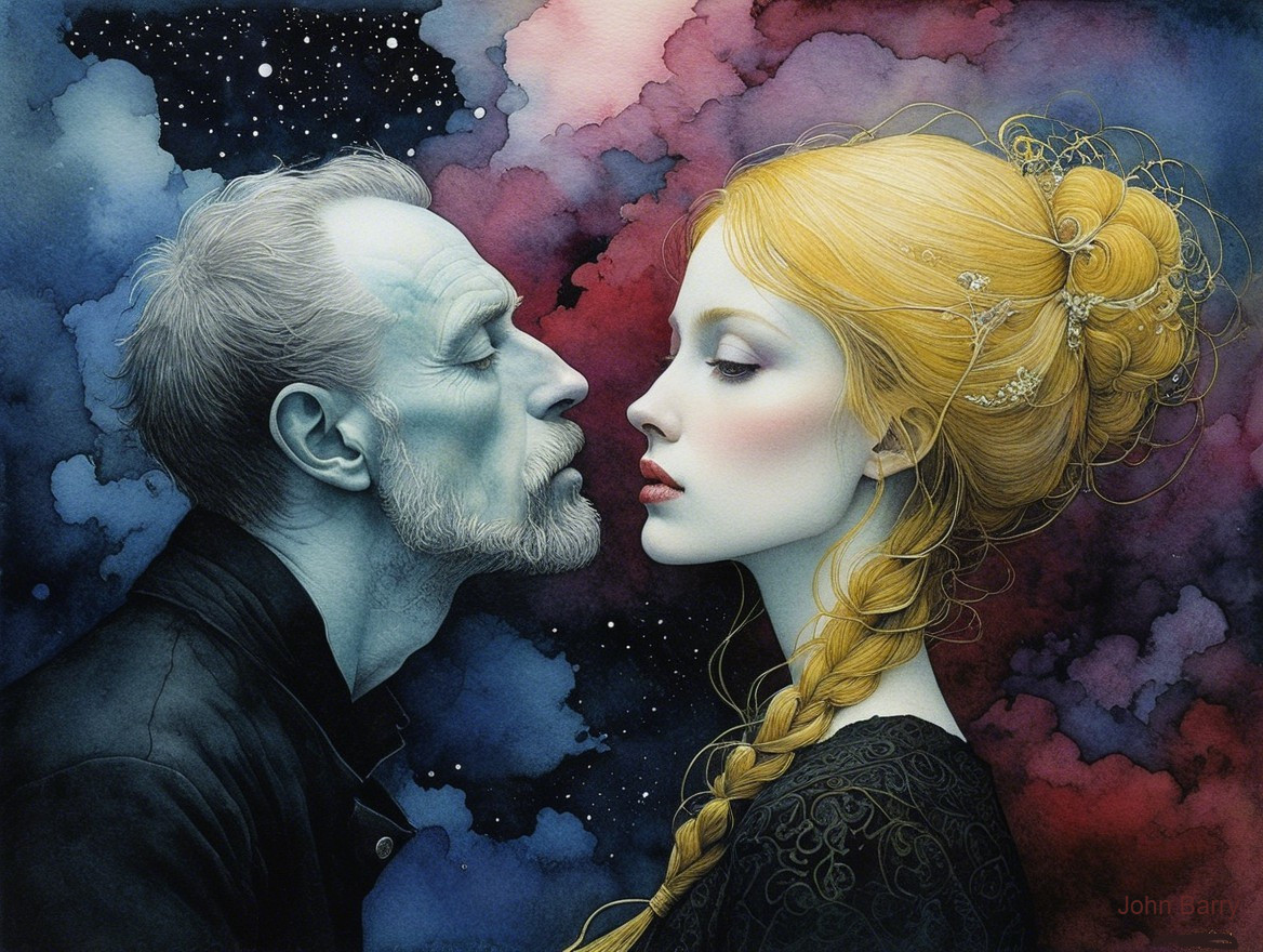 Mystical Portrait of Blue Man and Serene Woman