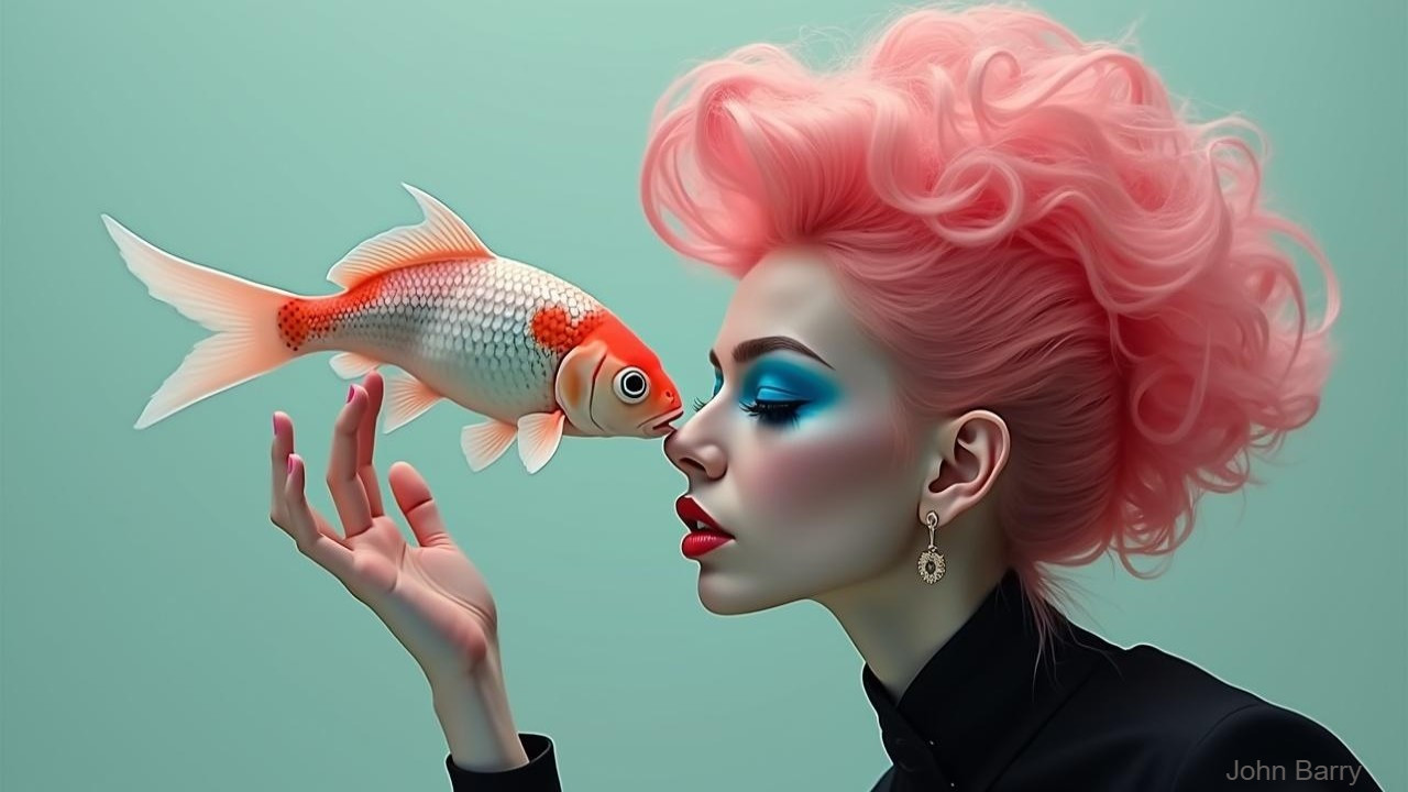 Portrait of a woman with pink hair and teal makeup