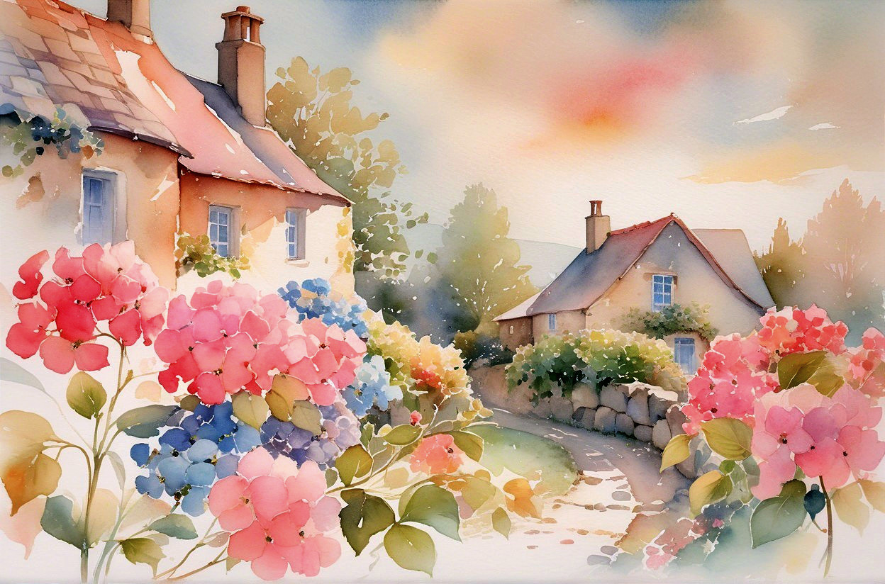 Charming Cottages in a Serene Watercolor Landscape