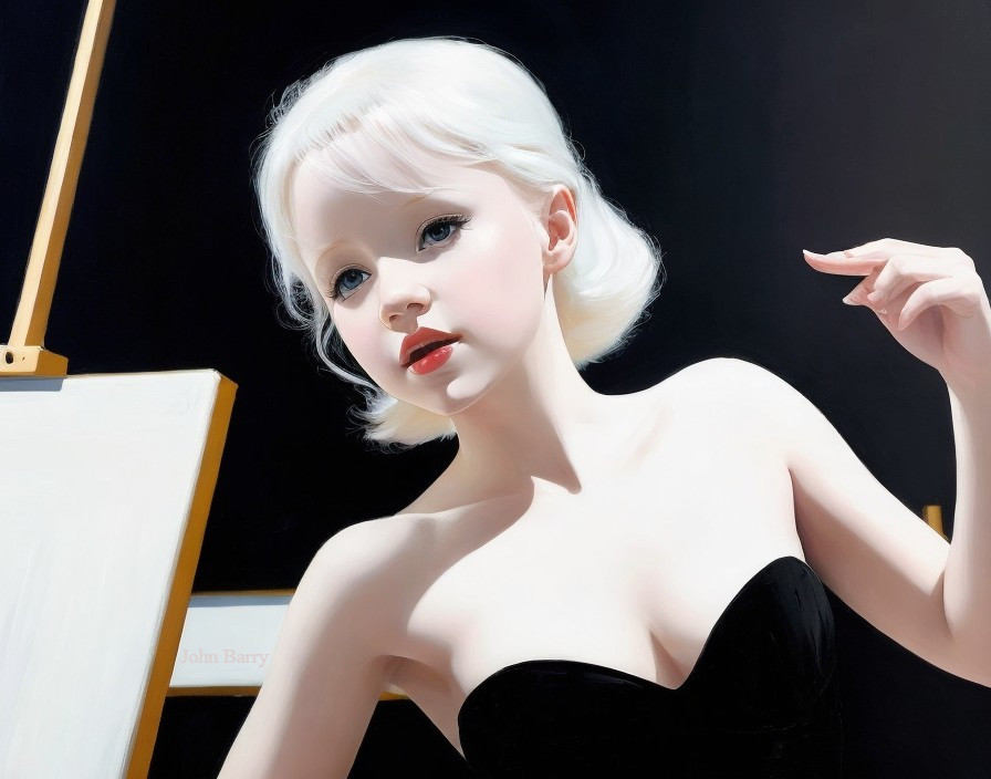 Young girl with platinum blonde hair in black top