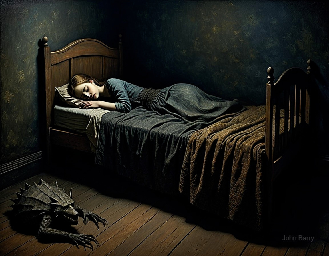 Sleeping Girl and Menacing Dragon in Dark Room