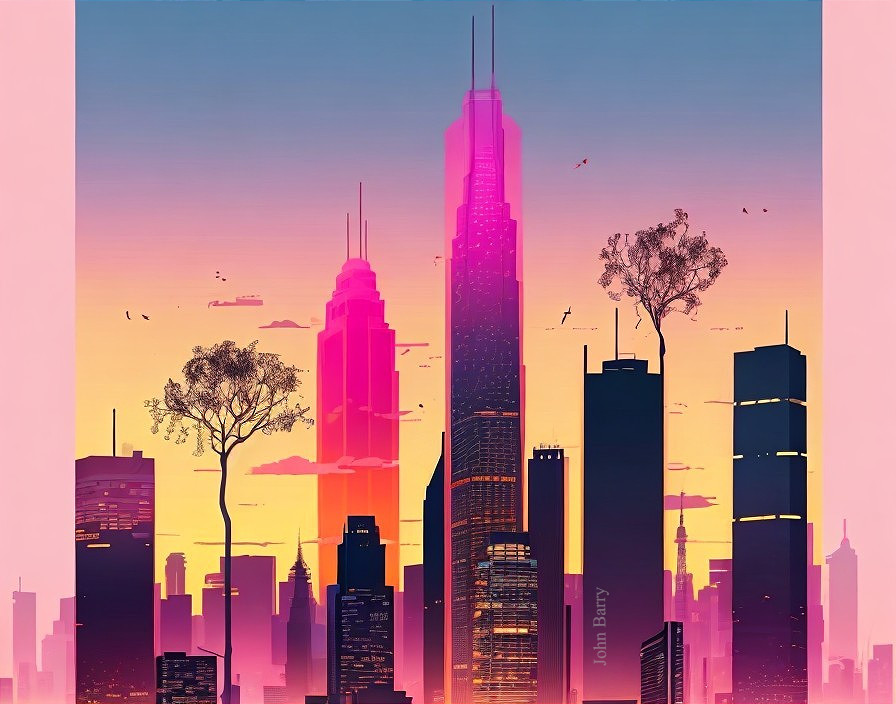 Vibrant city skyline at sunset with colorful reflections