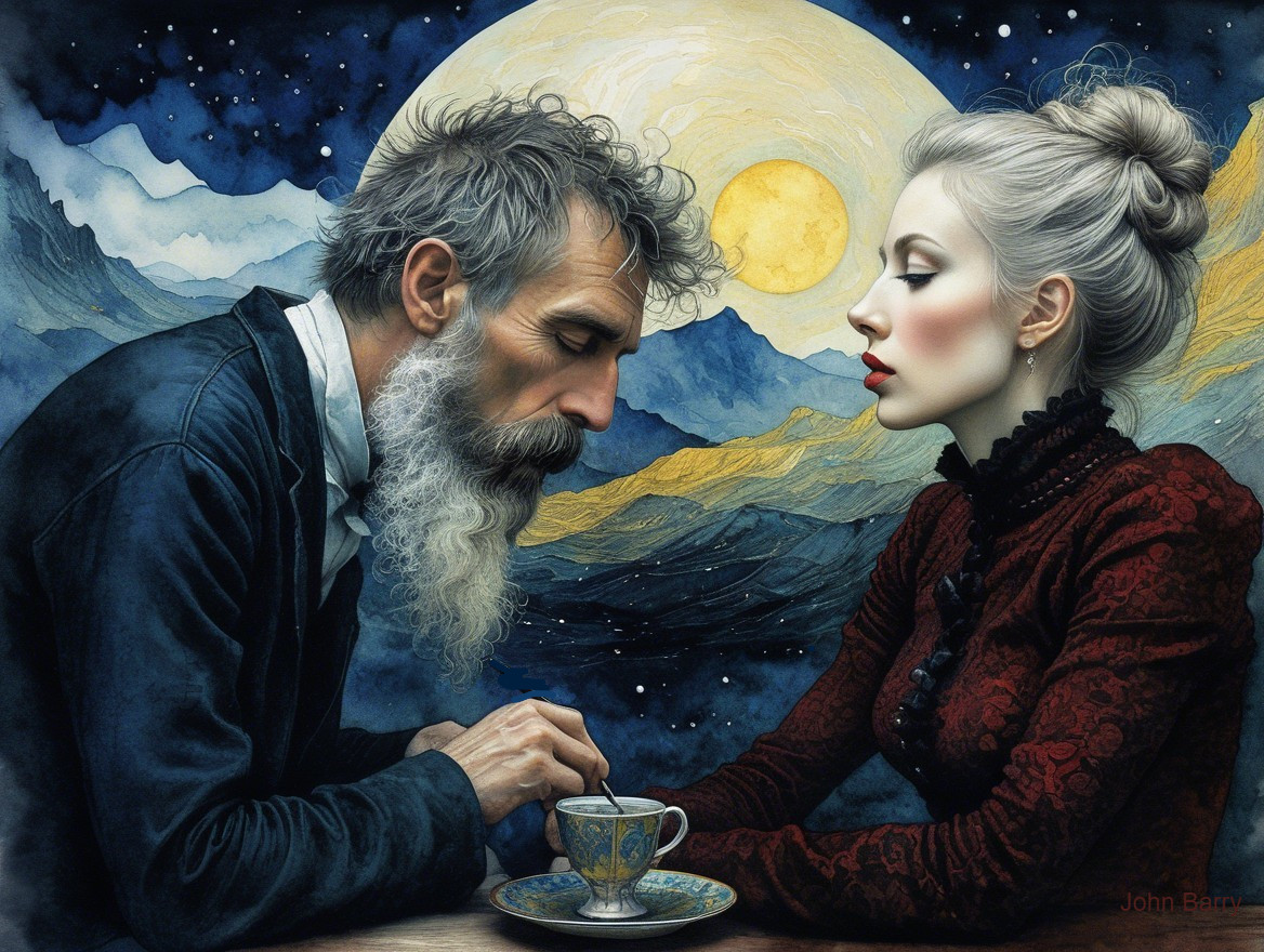 Elderly Man and Woman in Thoughtful Moonlit Scene