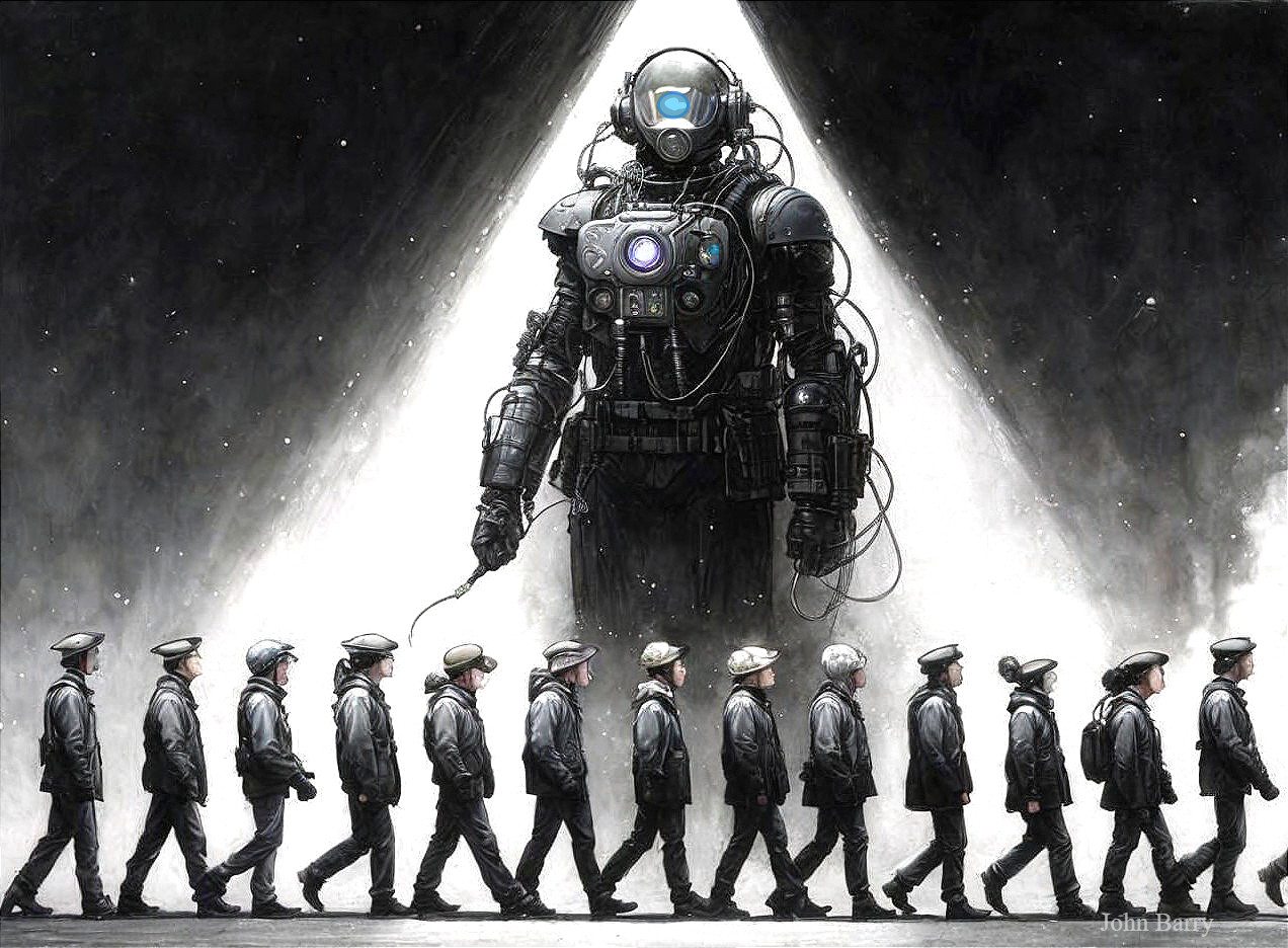 Monochromatic Scene of Soldiers and Towering Robot