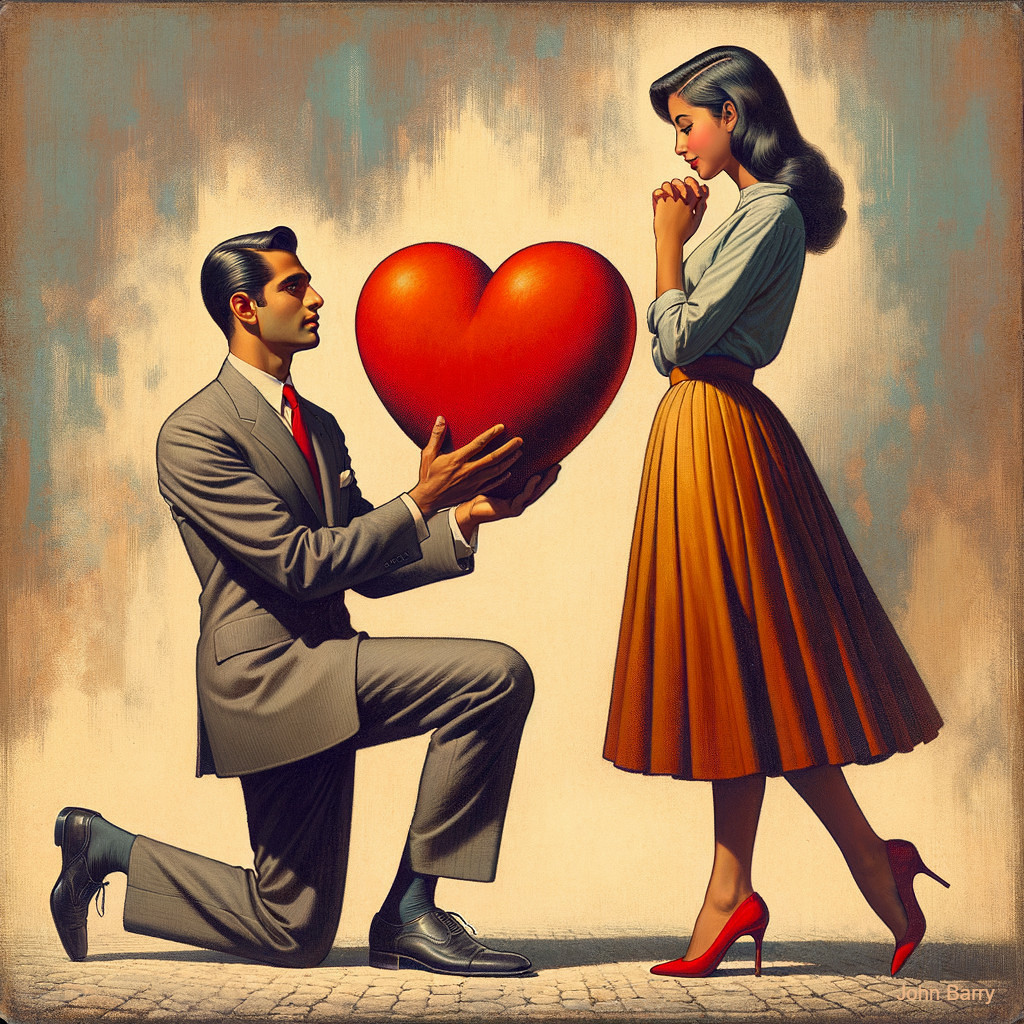 Romantic Proposal Scene with Heart and Elegant Attire
