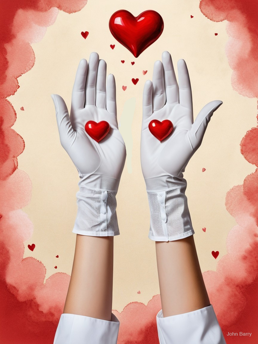 Gloved Hands Holding Red Hearts on Watercolor Background