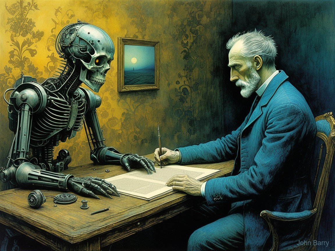 Skeletal Robot and Elderly Man in Vintage Study