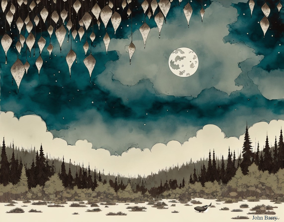 Nocturnal forest scene with moon and geometric shapes