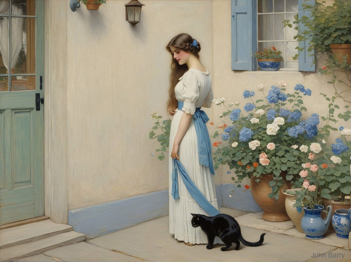 Young Woman in White Dress in Sunlit Courtyard
