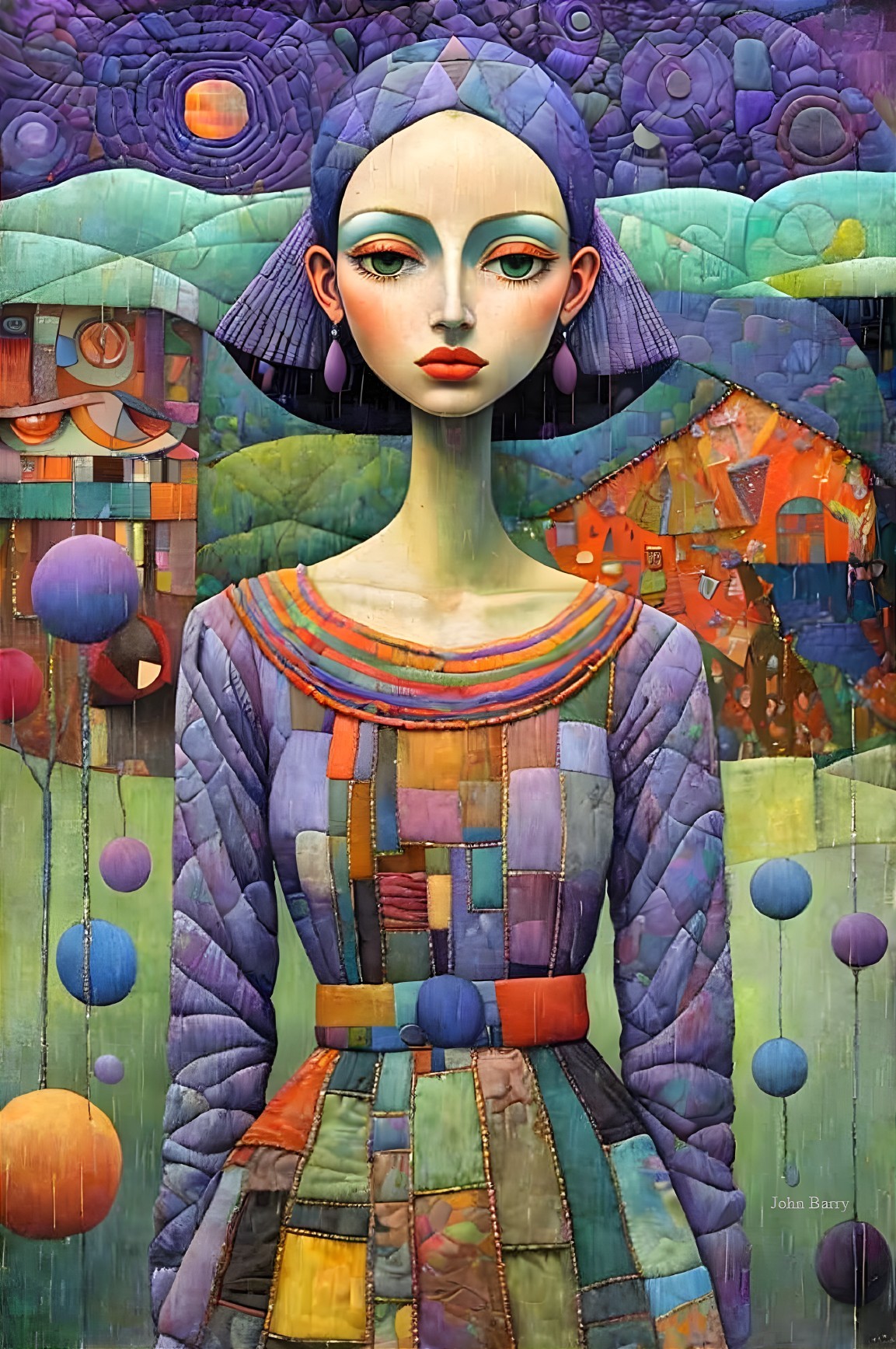 Stylized Female Figure in Abstract Landscape Art