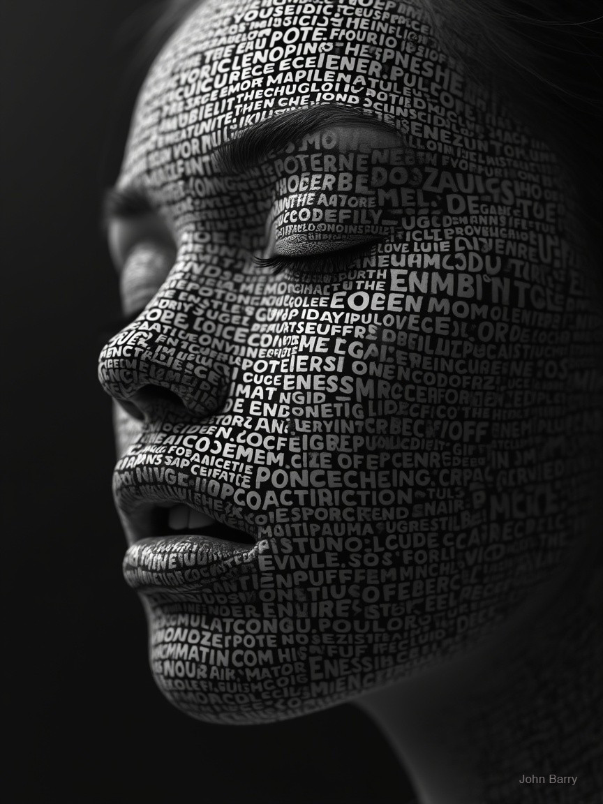 Close-up of a serene face made of arranged words