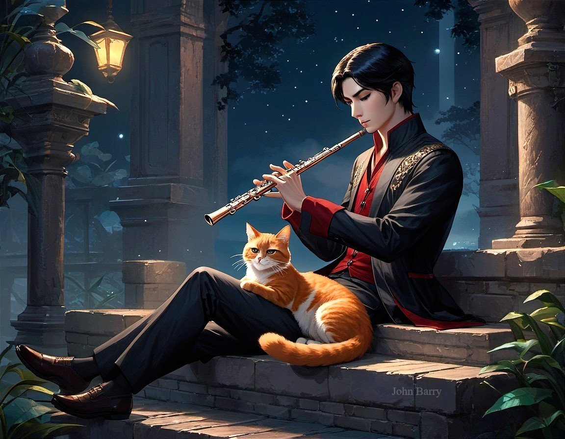 Young man playing flute with cat in serene night setting