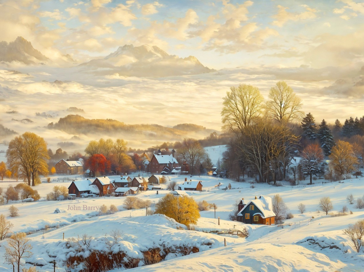 Tranquil Winter Landscape with Cottages and Snow