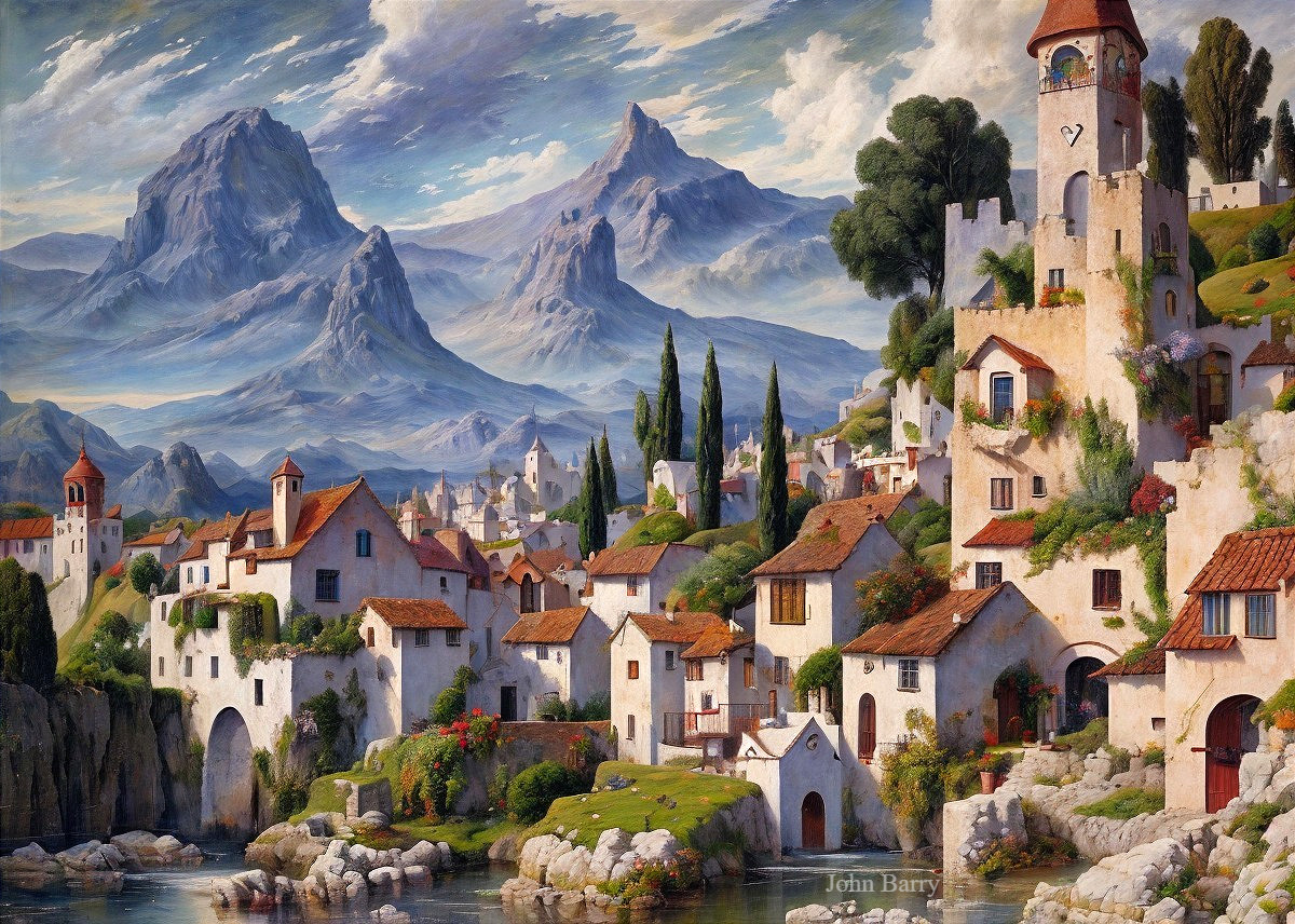 Charming Landscape with White Houses and Mountains