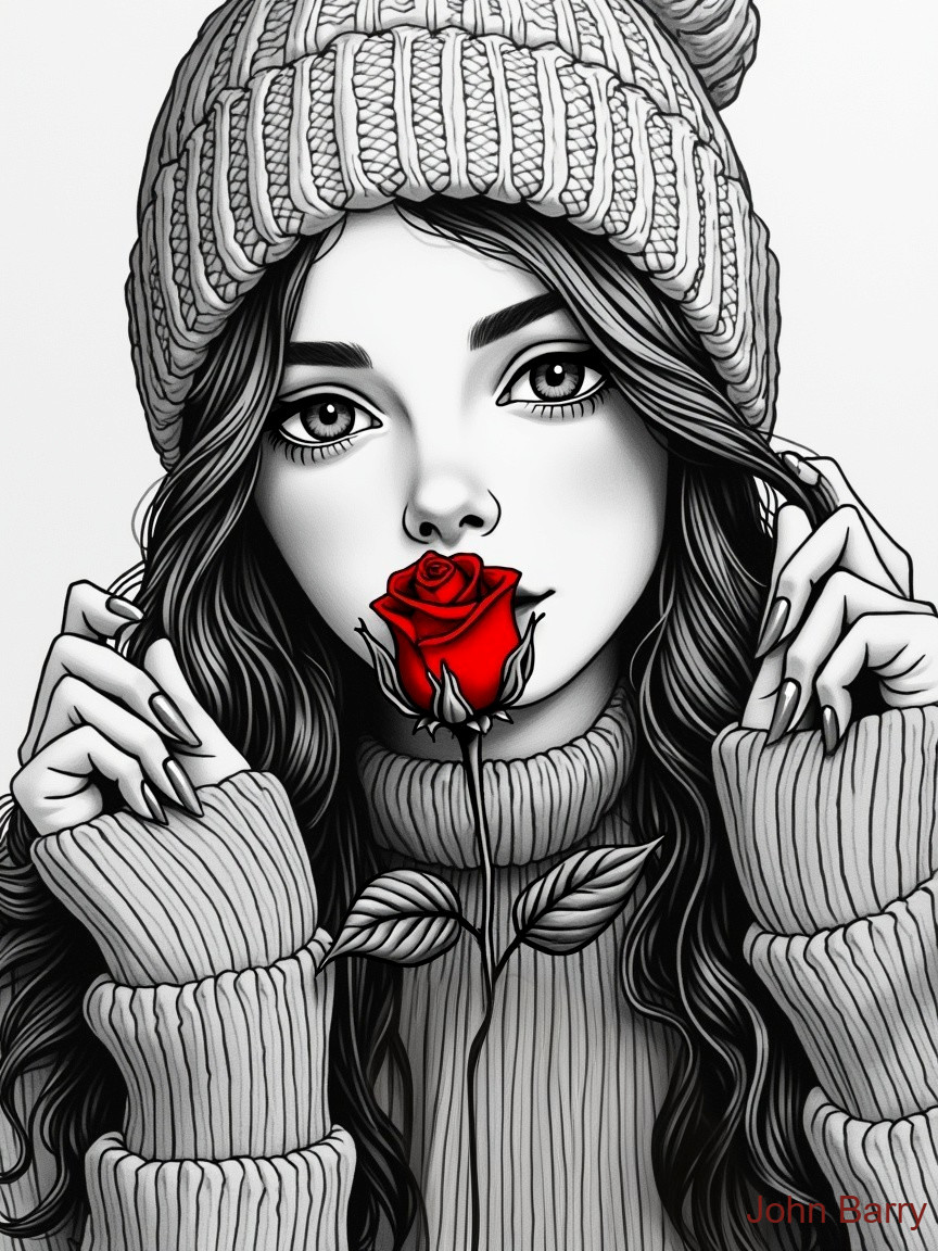 Young Woman with Rose in Cozy Sweater and Beanie