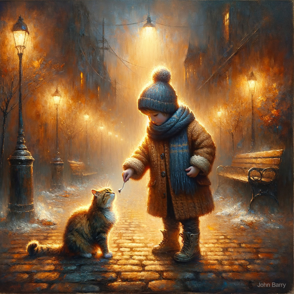 Child Feeding Ginger Cat on Snowy Street at Night