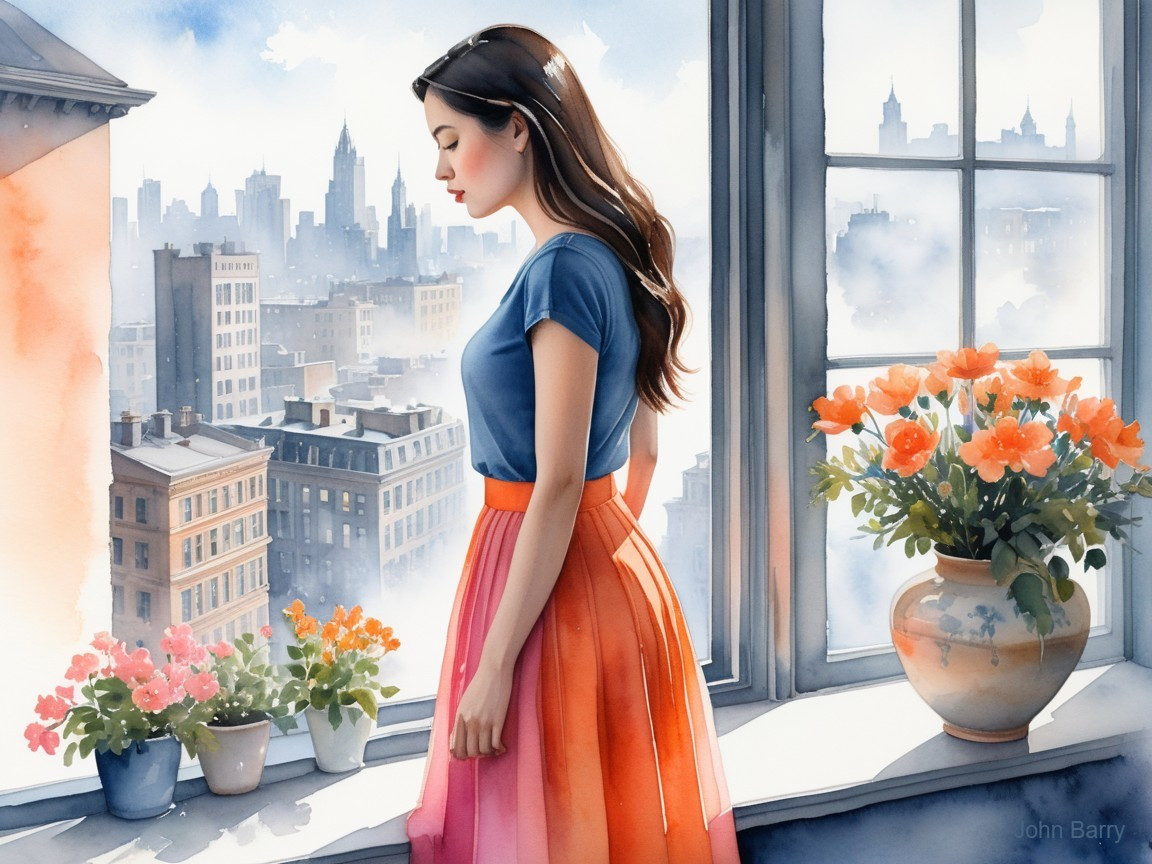 Young Woman in Gradient Skirt by City Window