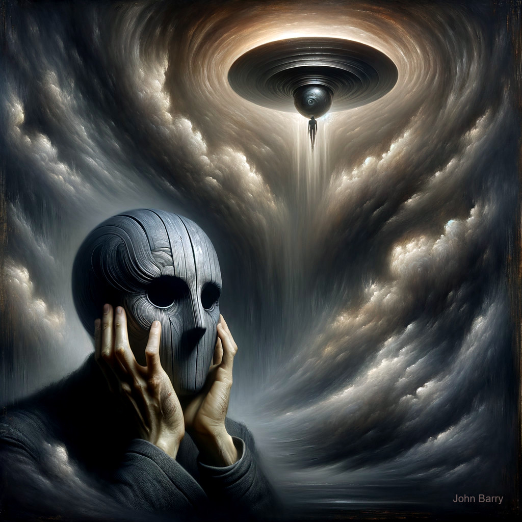 Surreal Scene with Wooden Mask and Metallic Craft