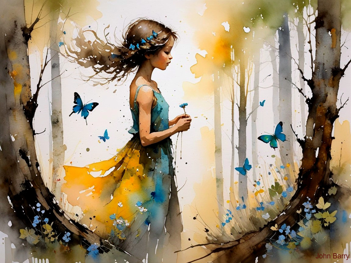 Young girl in blue dress walking through serene forest