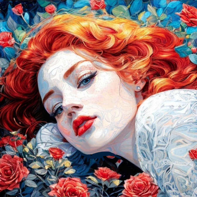 Close-up Portrait of a Woman with Red Hair and Roses