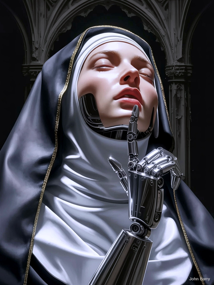 Modern Nun Figure in Gothic Architectural Setting